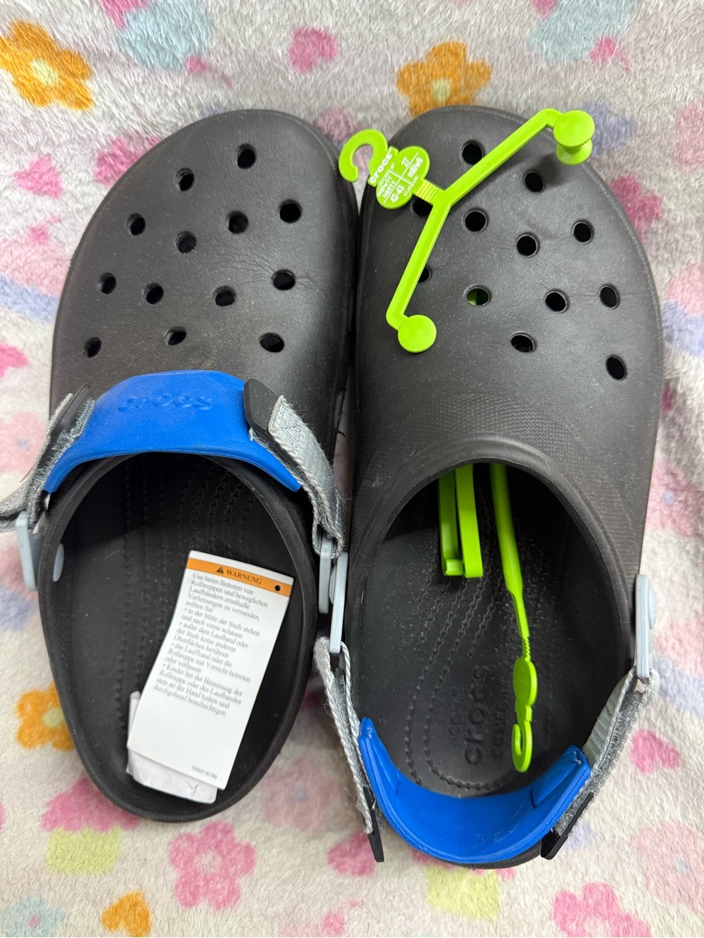 CROCS Black Clogs with Blue Heel Straps and Neon Green Accents